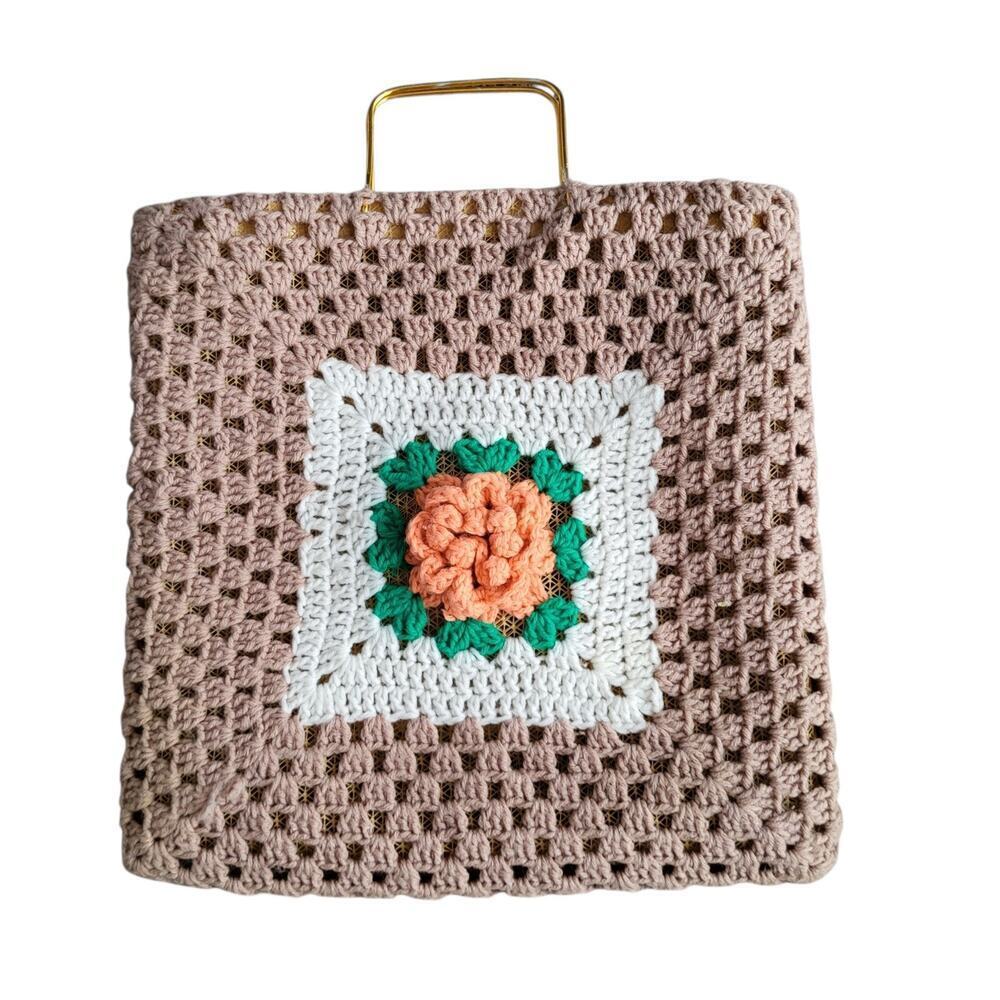 Crochet Floral Tote‎ Bag Medium Tan Orange Dimensional Flowers Boho